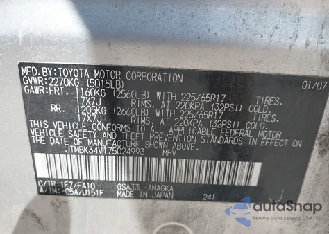 2007 Toyota Rav4 Limited V6 z USA, uszkodzony, nr VIN JTMBK34V175024993